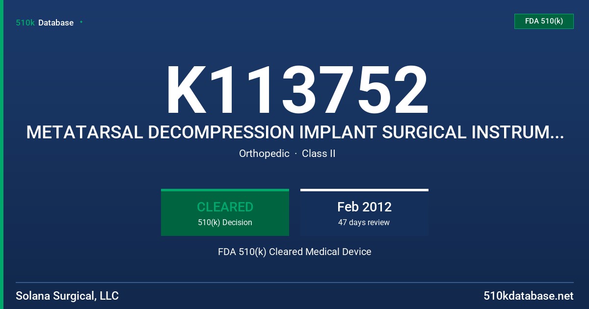 K113752 METATARSAL DECOMPRESSION IMPLANT SURGICAL INSTRUMENT SET FDA 510(k) Cleared Medical Device