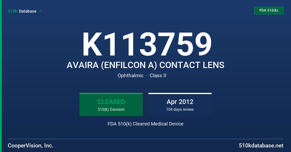 K113759 AVAIRA (ENFILCON A) CONTACT LENS FDA 510(k) Cleared Medical Device