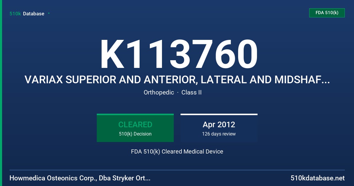 K113760 VARIAX SUPERIOR AND ANTERIOR, LATERAL AND MIDSHAFT CLAVICLE PLATES VARIAX AIMING BLOCKS & JOYSTICK FDA 510(k) Cleared Medical Device