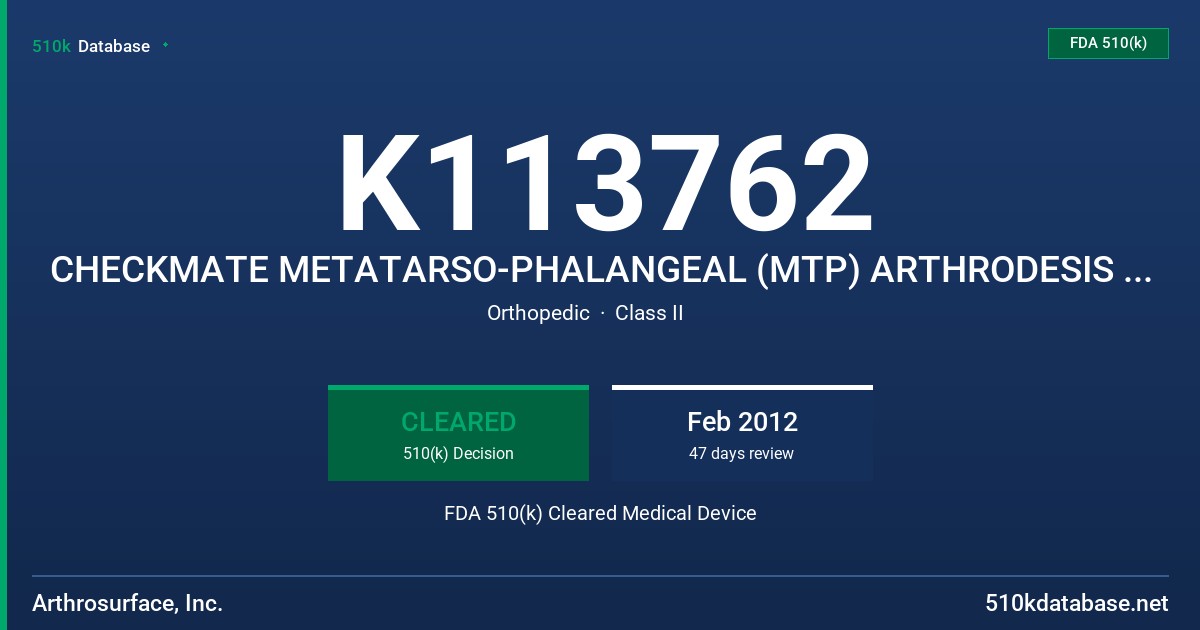 K113762 CHECKMATE METATARSO-PHALANGEAL (MTP) ARTHRODESIS SYSTEM FDA 510(k) Cleared Medical Device