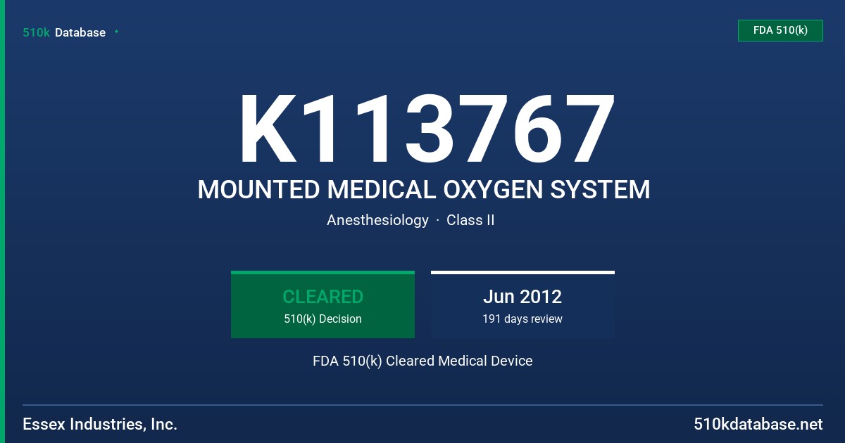 K113767 MOUNTED MEDICAL OXYGEN SYSTEM FDA 510(k) Cleared Medical Device