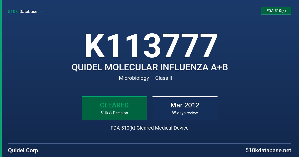 K113777 QUIDEL MOLECULAR INFLUENZA A+B FDA 510(k) Cleared Medical Device