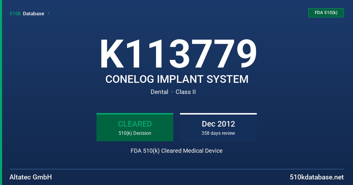 K113779 CONELOG IMPLANT SYSTEM FDA 510(k) Cleared Medical Device