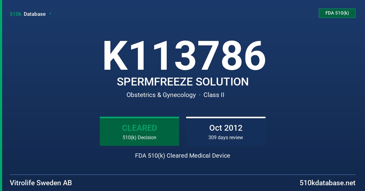 K113786 SPERMFREEZE SOLUTION FDA 510(k) Cleared Medical Device