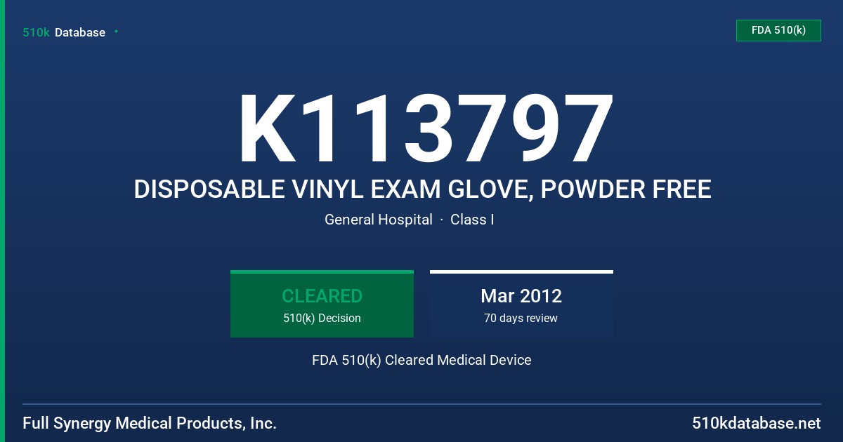 K113797 DISPOSABLE VINYL EXAM GLOVE, POWDER FREE FDA 510(k) Cleared Medical Device