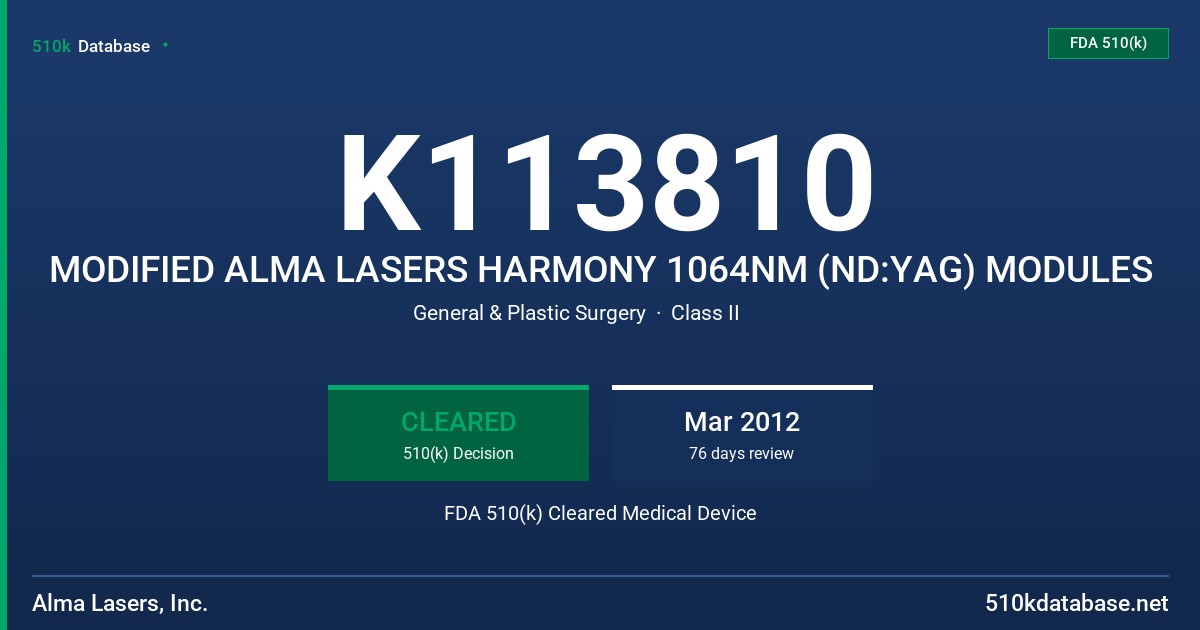 K113810 MODIFIED ALMA LASERS HARMONY 1064NM (ND:YAG) MODULES FDA 510(k) Cleared Medical Device
