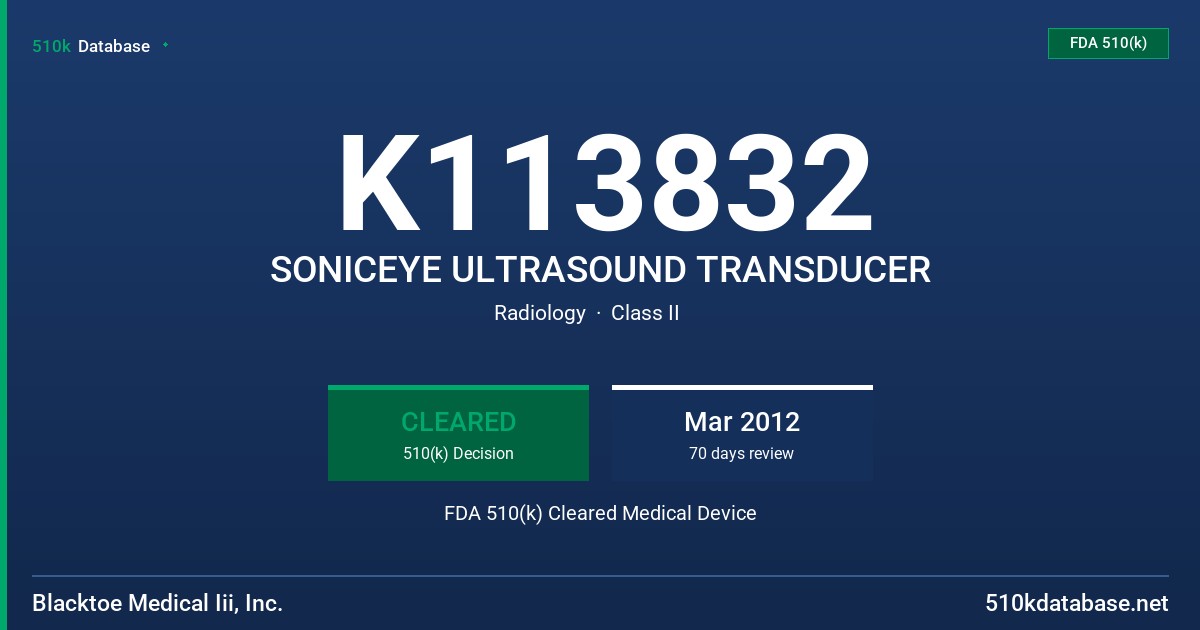 K113832 SONICEYE ULTRASOUND TRANSDUCER FDA 510(k) Cleared Medical Device
