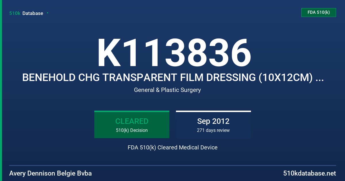 K113836 BENEHOLD CHG TRANSPARENT FILM DRESSING (10X12CM) (8.5X12CM) (6.5X7 CM) FDA 510(k) Cleared Medical Device