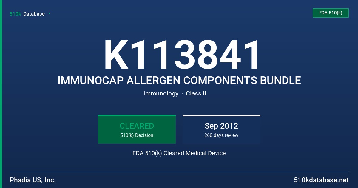 K113841 IMMUNOCAP ALLERGEN COMPONENTS BUNDLE FDA 510(k) Cleared Medical Device