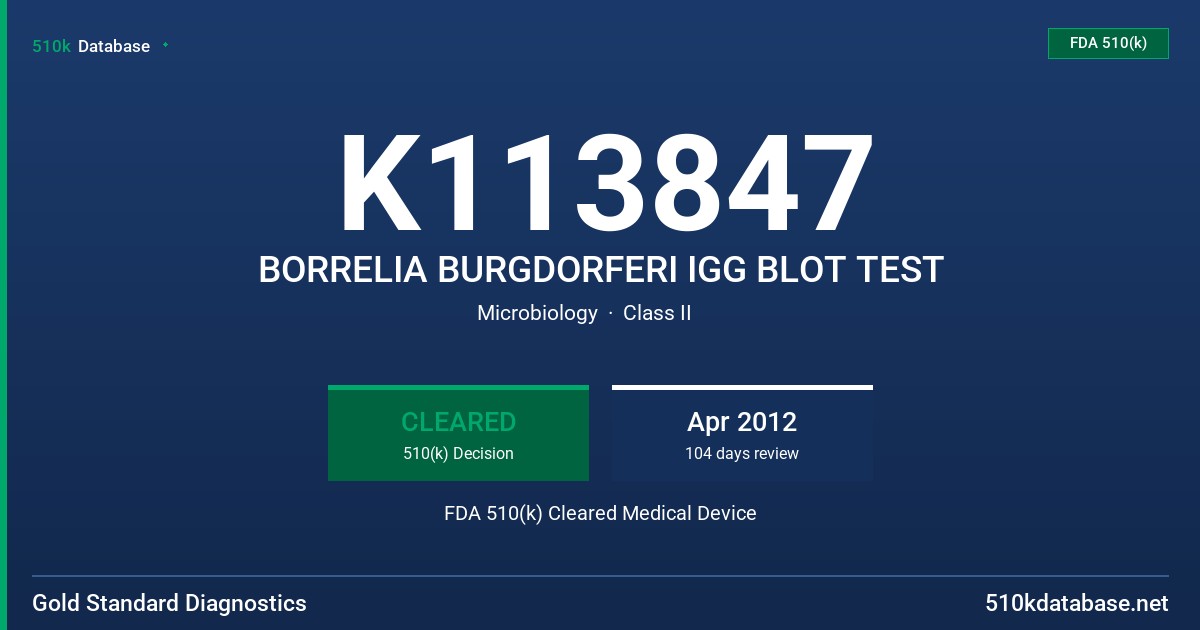 K113847 BORRELIA BURGDORFERI IGG BLOT TEST FDA 510(k) Cleared Medical Device