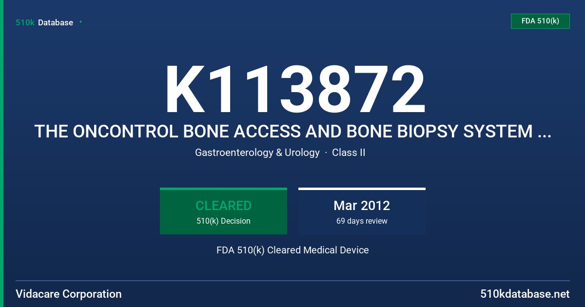 K113872 THE ONCONTROL BONE ACCESS AND BONE BIOPSY SYSTEM BY VIDACARE FDA 510(k) Cleared Medical Device