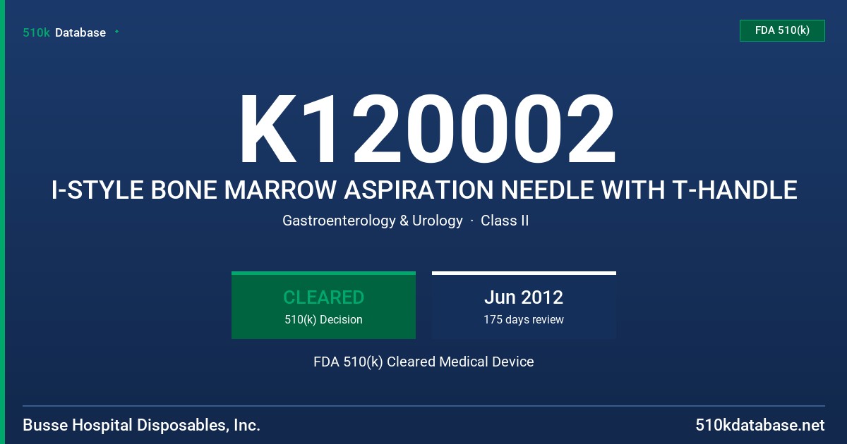K120002 I-STYLE BONE MARROW ASPIRATION NEEDLE WITH T-HANDLE FDA 510(k) Cleared Medical Device