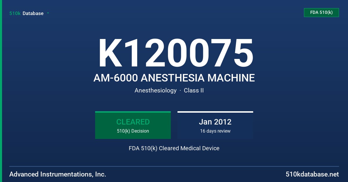 K120075 AM-6000 ANESTHESIA MACHINE FDA 510(k) Cleared Medical Device