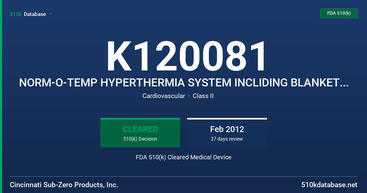 K120081 NORM-O-TEMP HYPERTHERMIA SYSTEM INCLIDING BLANKETS/PADS FDA 510(k) Cleared Medical Device