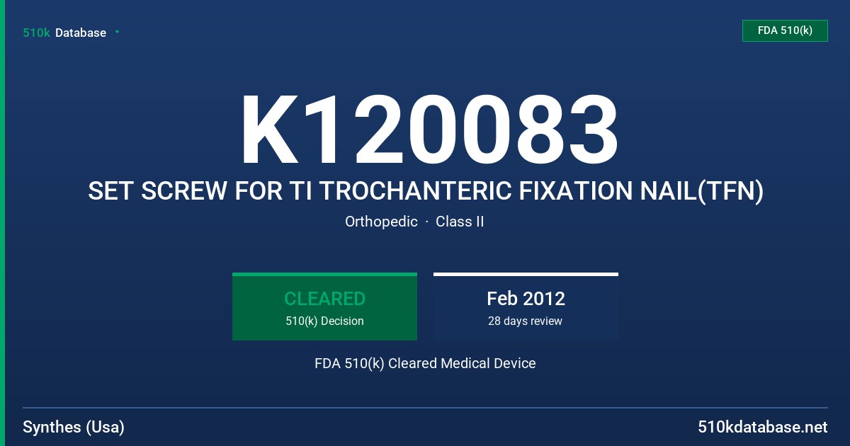 K120083 SET SCREW FOR TI TROCHANTERIC FIXATION NAIL(TFN) FDA 510(k) Cleared Medical Device