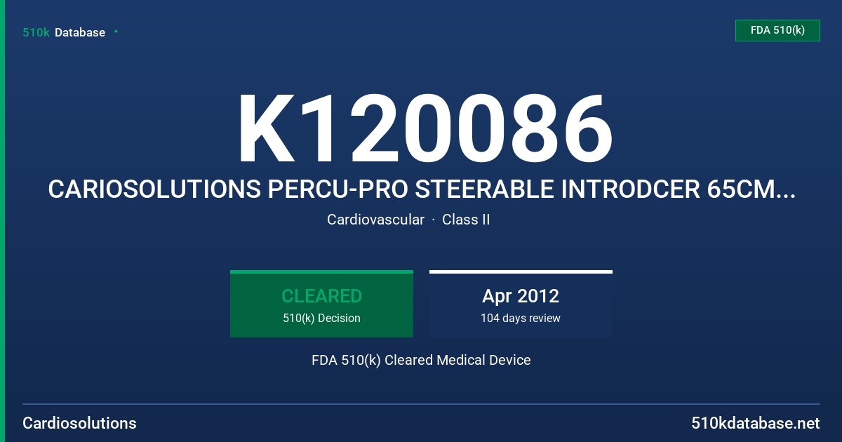 K120086 CARIOSOLUTIONS PERCU-PRO STEERABLE INTRODCER 65CM CARIOSOLUTIONS PERCU-PRO STEERABLE INTRODUCER 80CM FDA 510(k) Cleared Medical Device