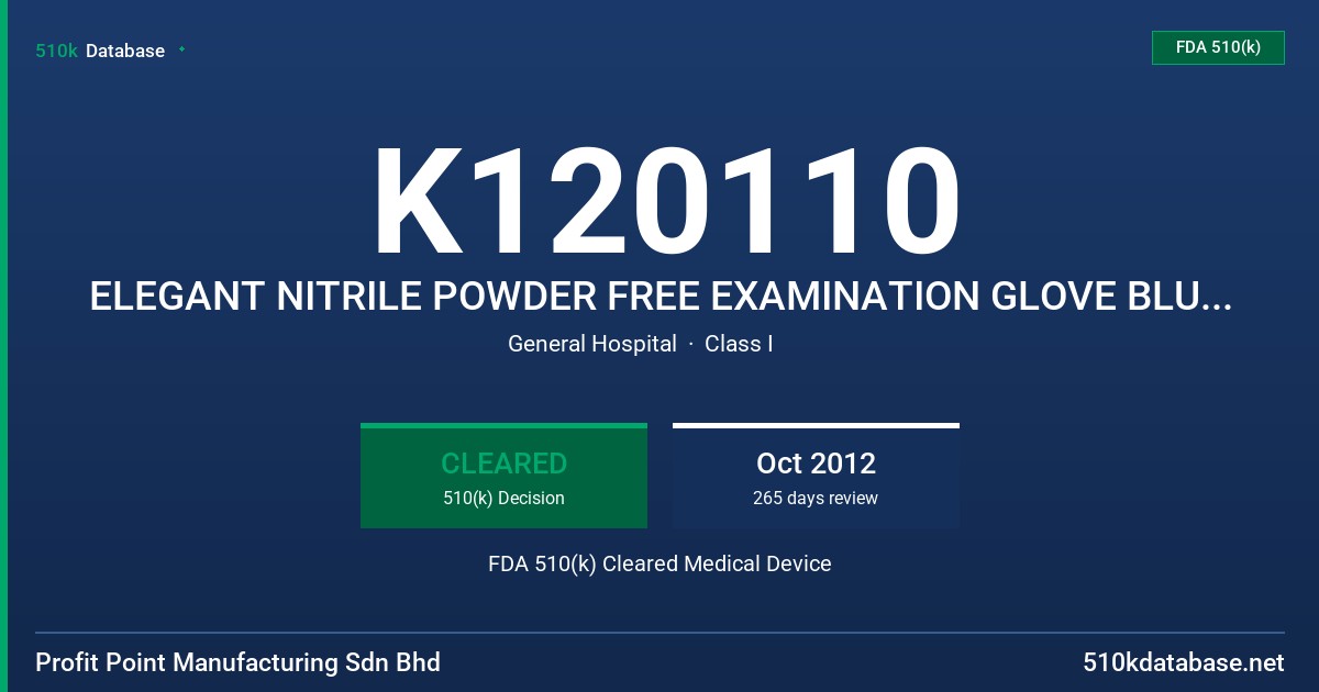 K120110 ELEGANT NITRILE POWDER FREE EXAMINATION GLOVE BLUE VIOLET FDA 510(k) Cleared Medical Device