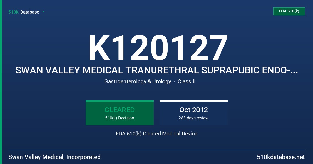 K120127 SWAN VALLEY MEDICAL TRANURETHRAL SUPRAPUBIC ENDO-CYSTOSTOMY (T-SPEC) SURGICAL SYSTEM FDA 510(k) Cleared Medical Device