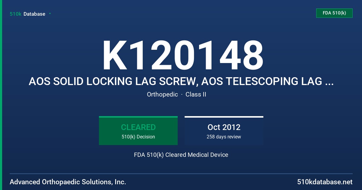 K120148 AOS SOLID LOCKING LAG SCREW, AOS TELESCOPING LAG SCREW FDA 510(k) Cleared Medical Device