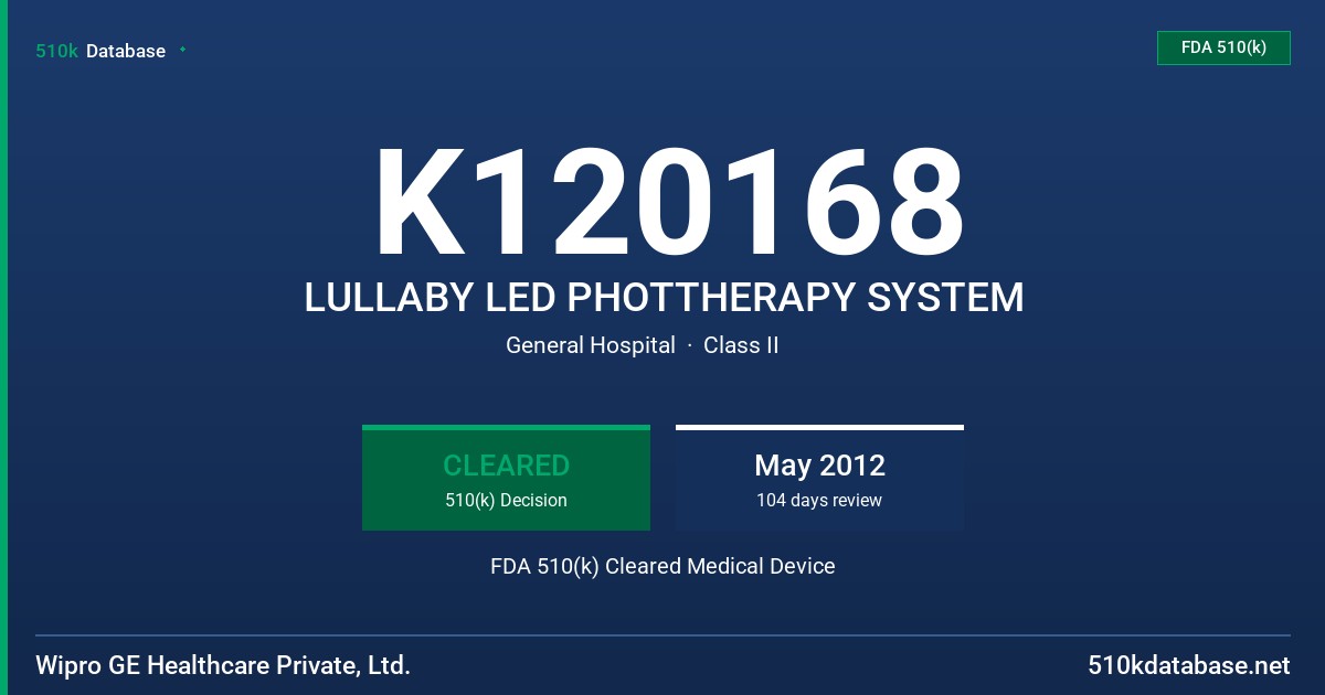 K120168 LULLABY LED PHOTTHERAPY SYSTEM FDA 510(k) Cleared Medical Device