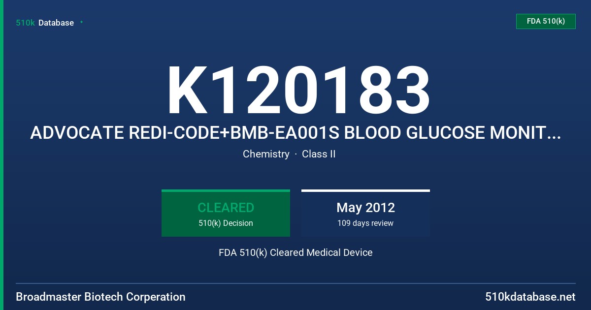 K120183 ADVOCATE REDI-CODE+BMB-EA001S BLOOD GLUCOSE MONITORING SYSTEM FDA 510(k) Cleared Medical Device