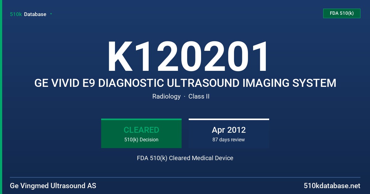 K120201 GE VIVID E9 DIAGNOSTIC ULTRASOUND IMAGING SYSTEM FDA 510(k) Cleared Medical Device