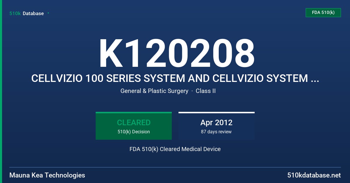 K120208 CELLVIZIO 100 SERIES SYSTEM AND CELLVIZIO SYSTEM WITH CONFOCAL MINIPROBES FDA 510(k) Cleared Medical Device