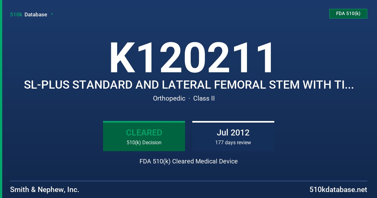 K120211 SL-PLUS STANDARD AND LATERAL FEMORAL STEM WITH TI/HA COATING FDA 510(k) Cleared Medical Device