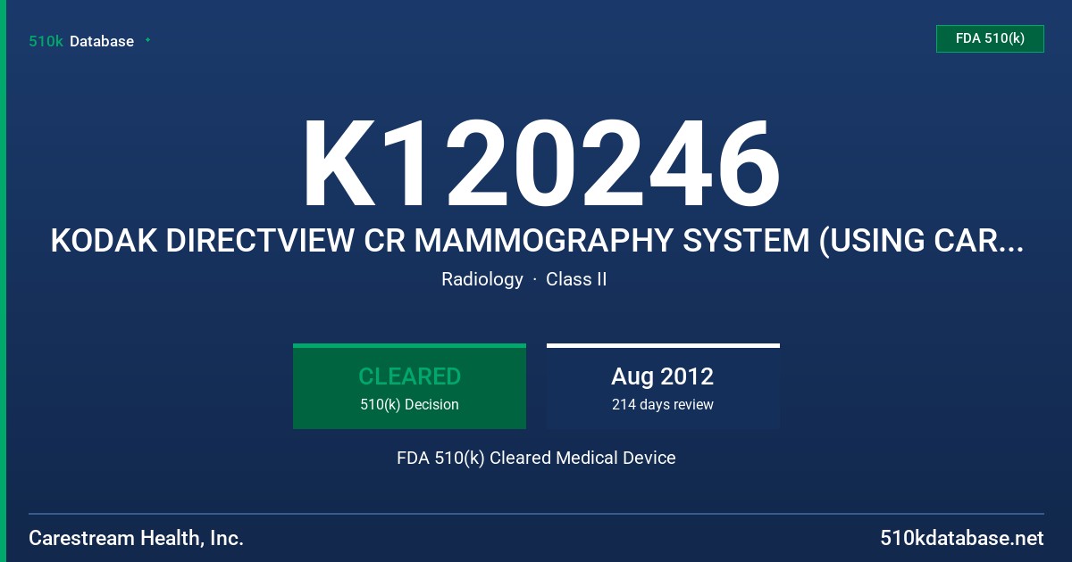 K120246 KODAK DIRECTVIEW CR MAMMOGRAPHY SYSTEM (USING CARESTREAM CR MAMMOGRAPHY CASSETTE WITH SNP-M1 SCREEN) FDA 510(k) Cleared Medical Device