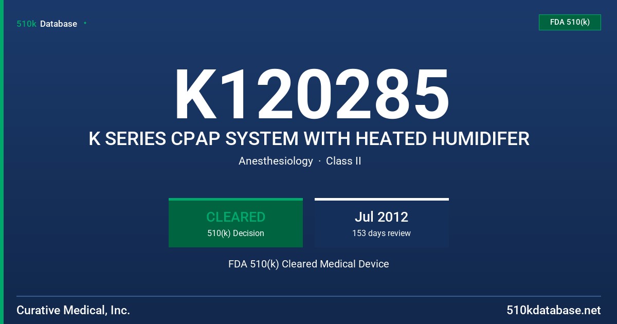 K120285 K SERIES CPAP SYSTEM WITH HEATED HUMIDIFER FDA 510(k) Cleared Medical Device
