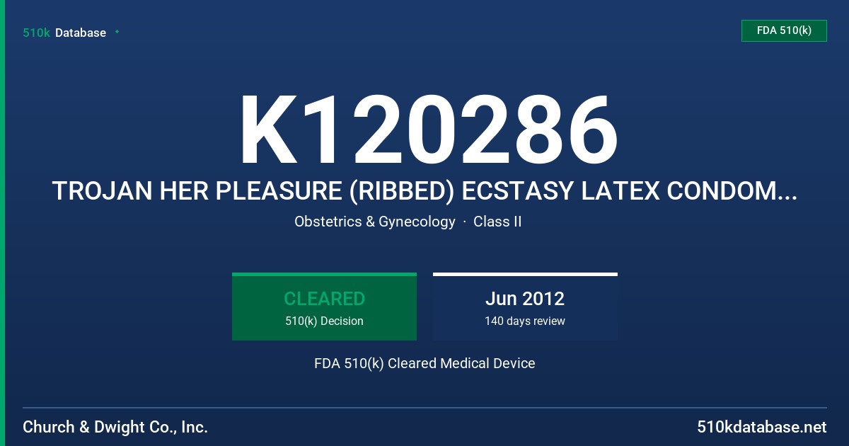 K120286 TROJAN HER PLEASURE (RIBBED) ECSTASY LATEX CONDOM WITH LUBRICANT FDA 510(k) Cleared Medical Device