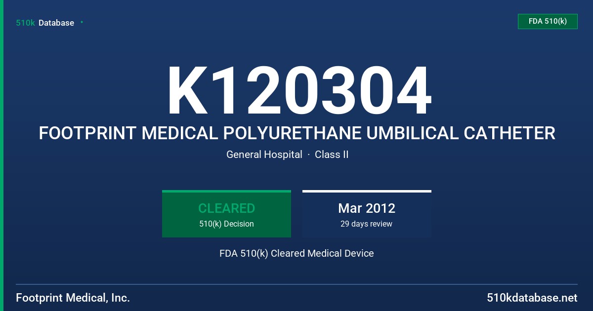 K120304 FOOTPRINT MEDICAL POLYURETHANE UMBILICAL CATHETER FDA 510(k) Cleared Medical Device