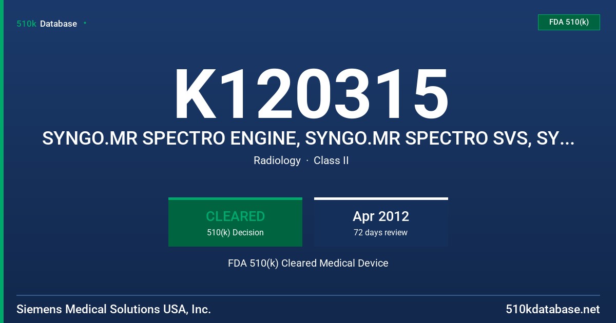 K120315 SYNGO.MR SPECTRO ENGINE, SYNGO.MR SPECTRO SVS, SYNGO.MR SPECTRO CSI, SYNGO.MR SPECTRO EXTENSION FDA 510(k) Cleared Medical Device