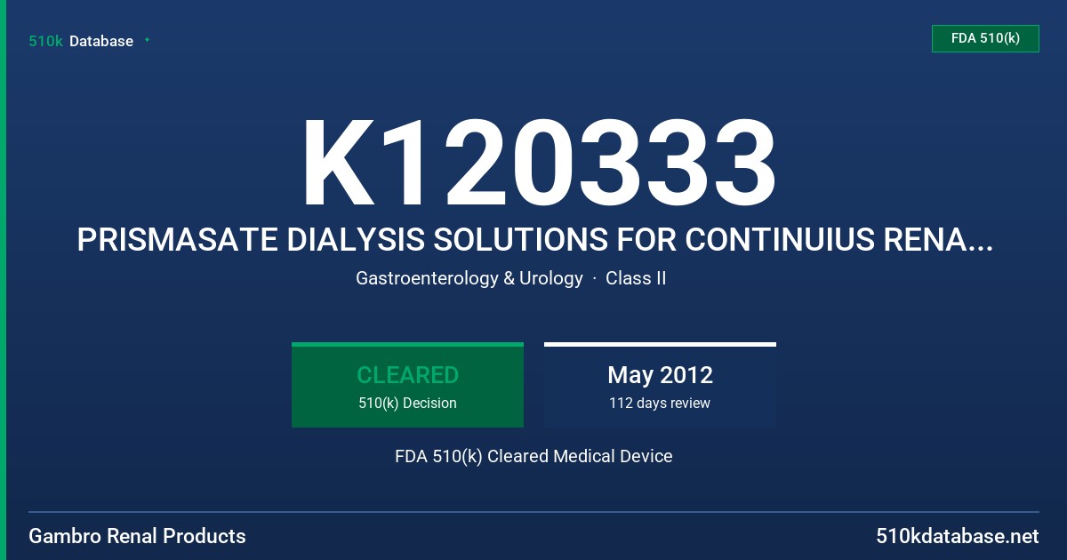 K120333 PRISMASATE DIALYSIS SOLUTIONS FOR CONTINUIUS RENAL REPLACEMENT THERAPY FDA 510(k) Cleared Medical Device
