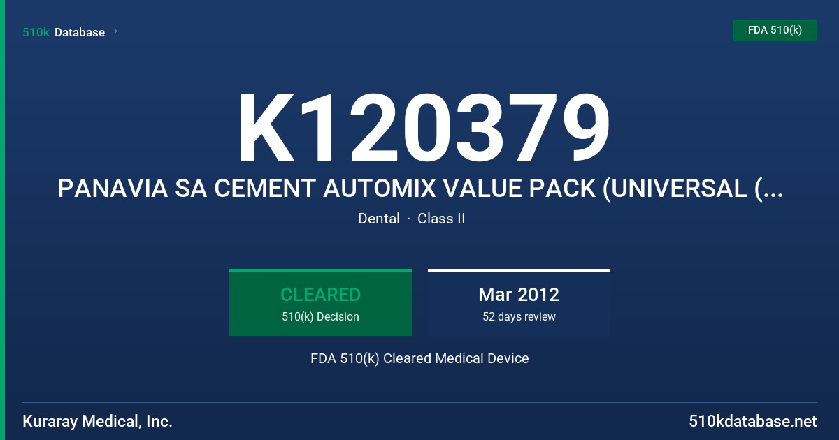 K120379 PANAVIA SA CEMENT AUTOMIX VALUE PACK (UNIVERSAL (A2), WHITE) PANAVIA SA CEMENT AUTOMIX (UNIVERSAL (A2), WHITE) PANAVIA S FDA 510(k) Cleared Medical Device