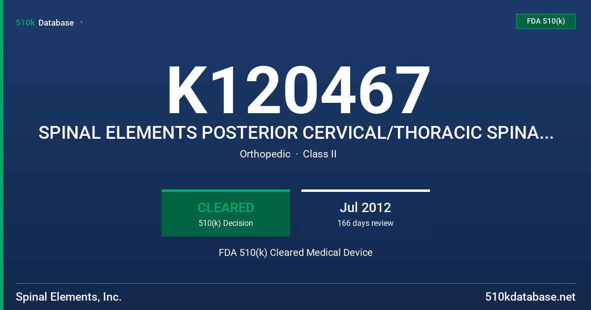 K120467 SPINAL ELEMENTS POSTERIOR CERVICAL/THORACIC SPINAL SYSTEM FDA 510(k) Cleared Medical Device