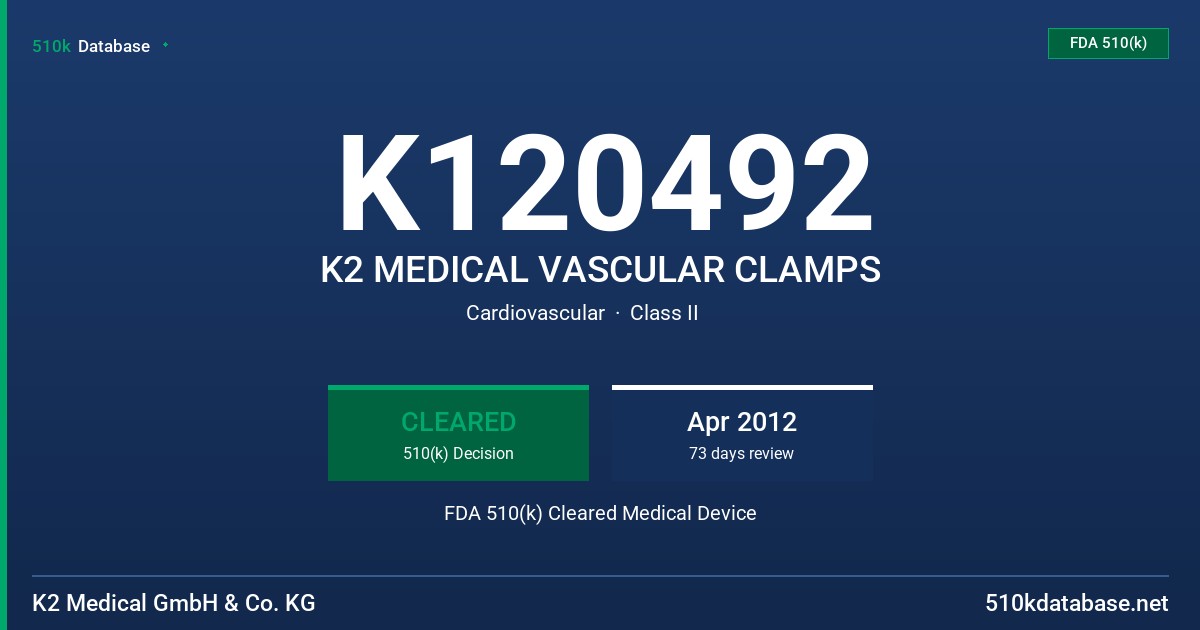 K120492 K2 MEDICAL VASCULAR CLAMPS FDA 510(k) Cleared Medical Device