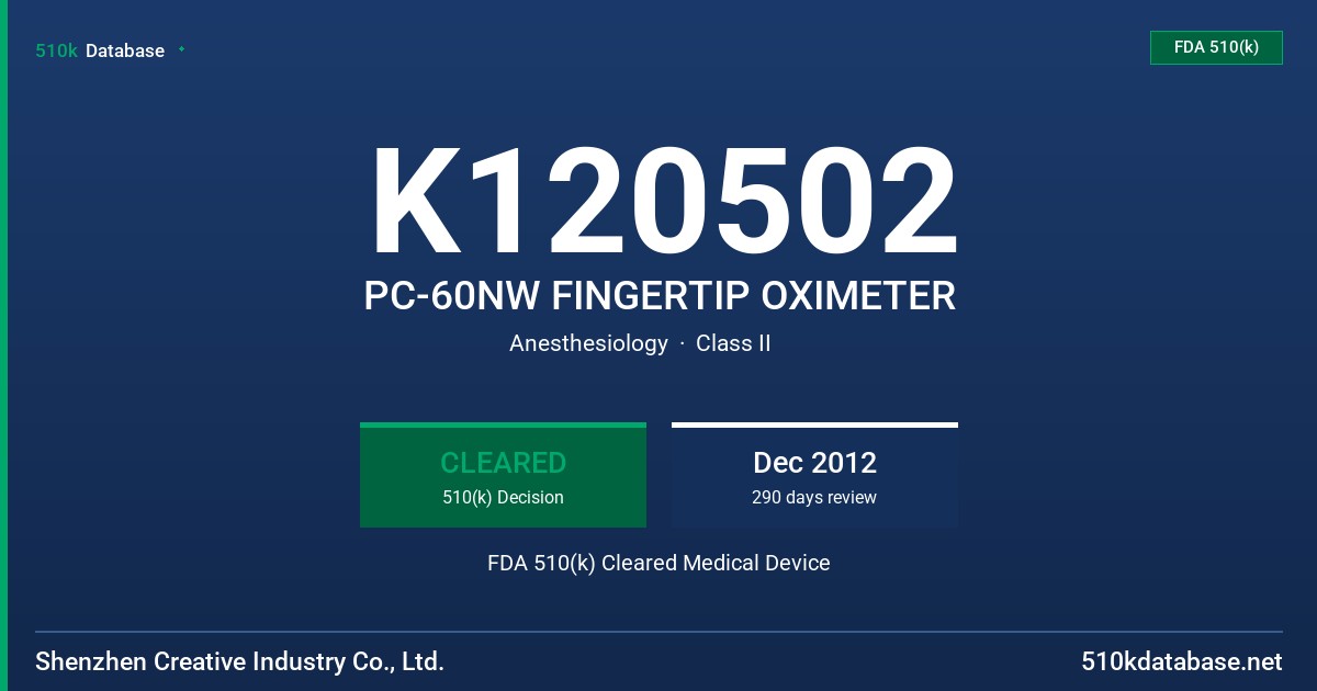 K120502 PC-60NW FINGERTIP OXIMETER FDA 510(k) Cleared Medical Device