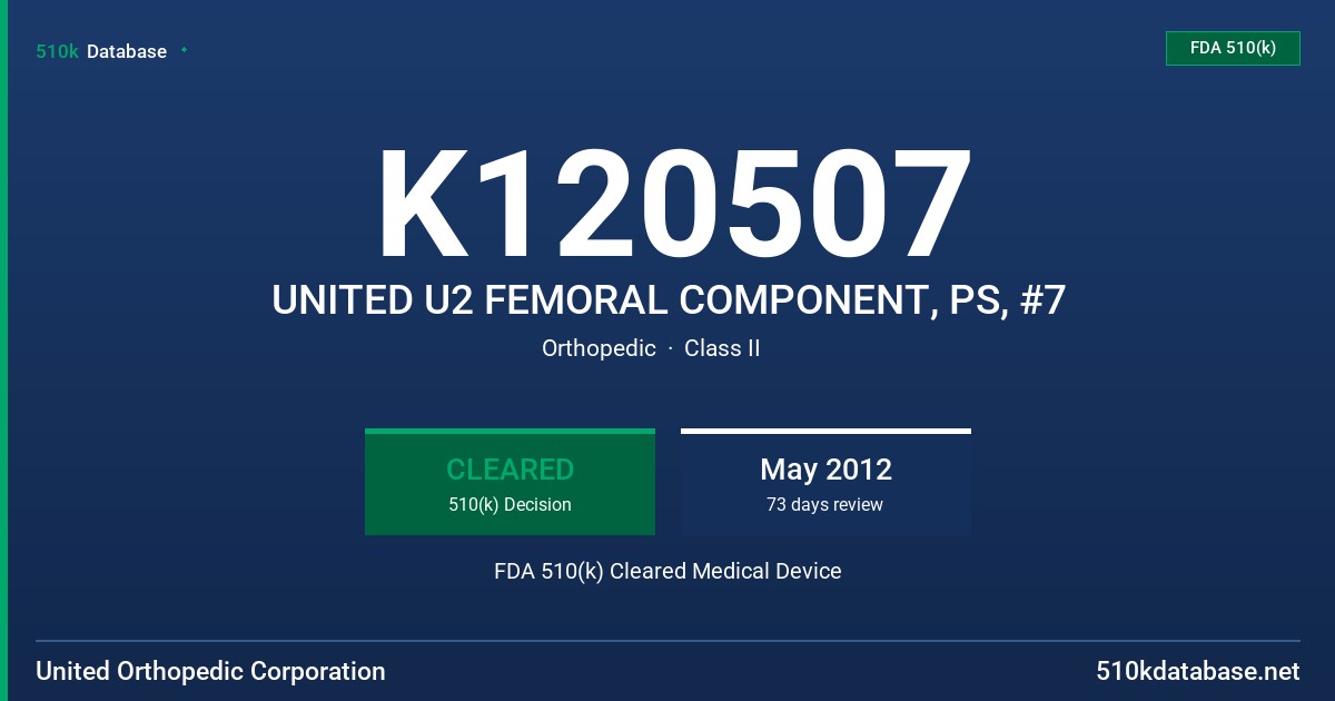 K120507 UNITED U2 FEMORAL COMPONENT, PS, #7 FDA 510(k) Cleared Medical Device