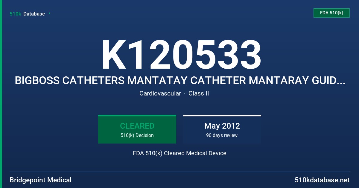 K120533 BIGBOSS CATHETERS MANTATAY CATHETER MANTARAY GUIDEWIRES FDA 510(k) Cleared Medical Device
