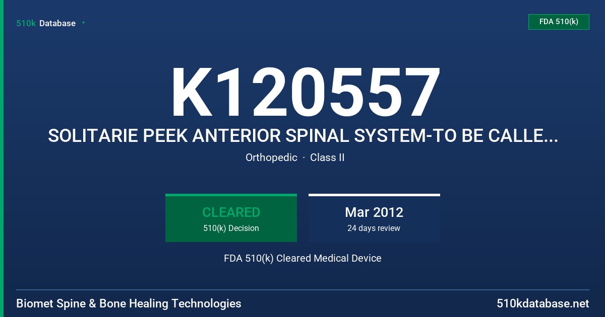 K120557 SOLITARIE PEEK ANTERIOR SPINAL SYSTEM-TO BE CALLED COLITAIRE 35 FDA 510(k) Cleared Medical Device
