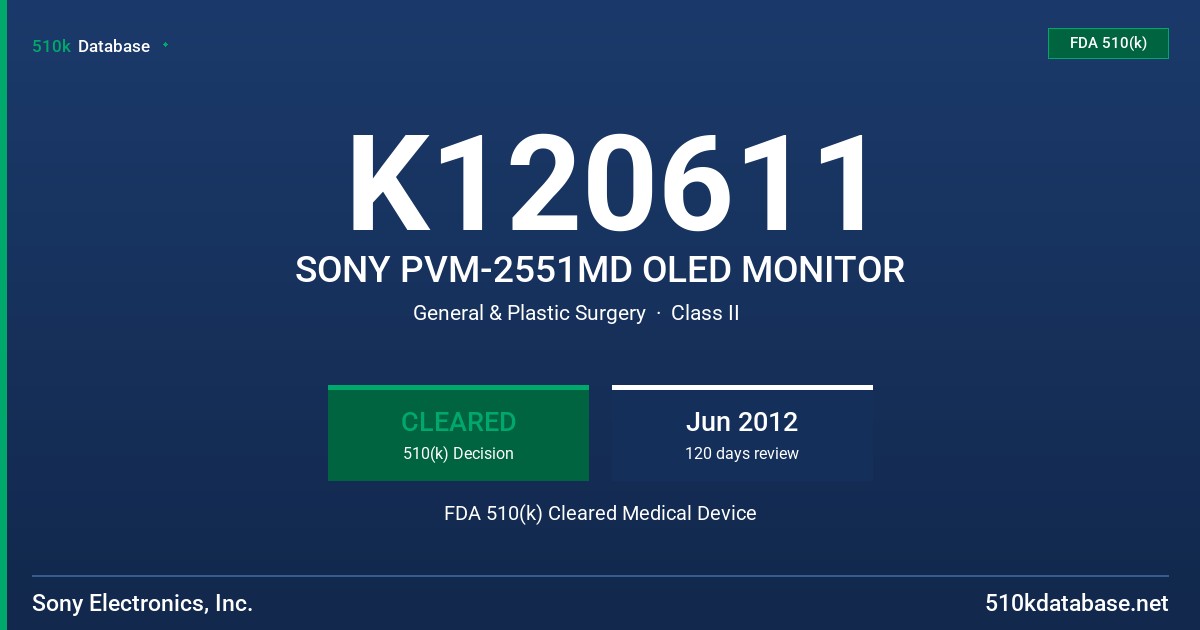 K120611 SONY PVM-2551MD OLED MONITOR FDA 510(k) Cleared Medical Device