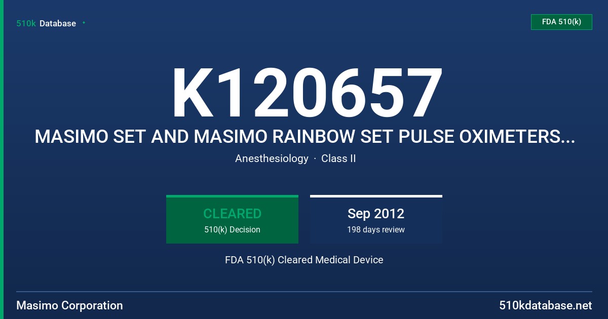 K120657 MASIMO SET AND MASIMO RAINBOW SET PULSE OXIMETERS AND SENSORS FDA 510(k) Cleared Medical Device