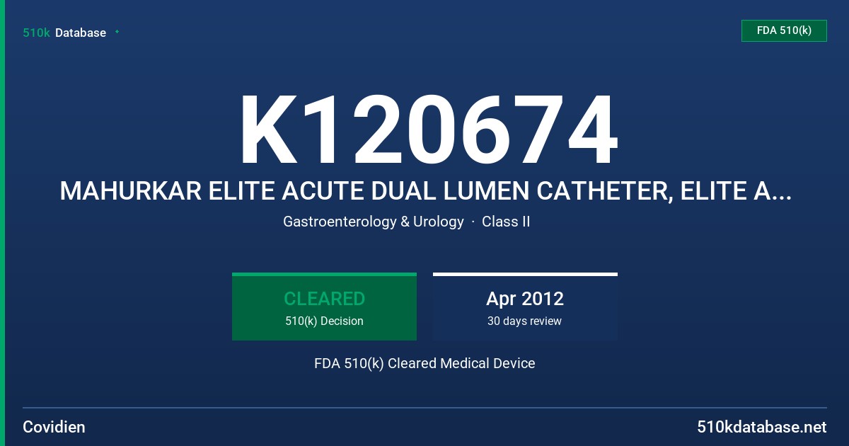 K120674 MAHURKAR ELITE ACUTE DUAL LUMEN CATHETER, ELITE ACUTE TRIPLE LUMEN CATHETER FDA 510(k) Cleared Medical Device