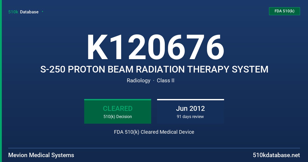 K120676 S-250 PROTON BEAM RADIATION THERAPY SYSTEM FDA 510(k) Cleared Medical Device
