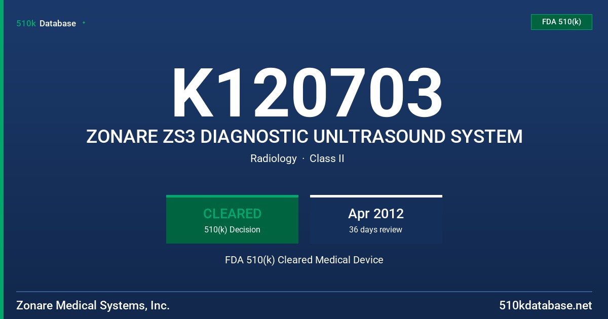 K120703 ZONARE ZS3 DIAGNOSTIC UNLTRASOUND SYSTEM FDA 510(k) Cleared Medical Device