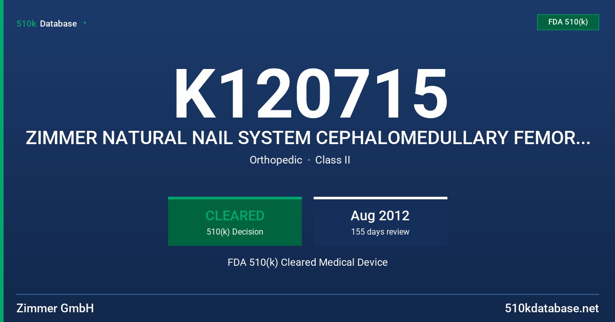 K120715 ZIMMER NATURAL NAIL SYSTEM CEPHALOMEDULLARY FEMORAL NAIL - ASIA SHORT FDA 510(k) Cleared Medical Device