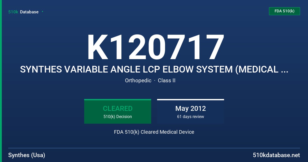 K120717 SYNTHES VARIABLE ANGLE LCP ELBOW SYSTEM (MEDICAL AND POSTEROLATERAL DISTAL HUMERUS PLATES) FDA 510(k) Cleared Medical Device