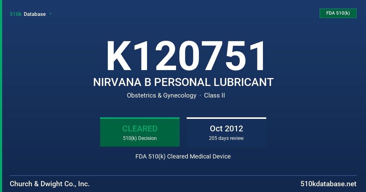 K120751 NIRVANA B PERSONAL LUBRICANT FDA 510(k) Cleared Medical Device