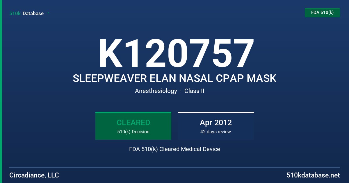 K120757 SLEEPWEAVER ELAN NASAL CPAP MASK FDA 510(k) Cleared Medical Device
